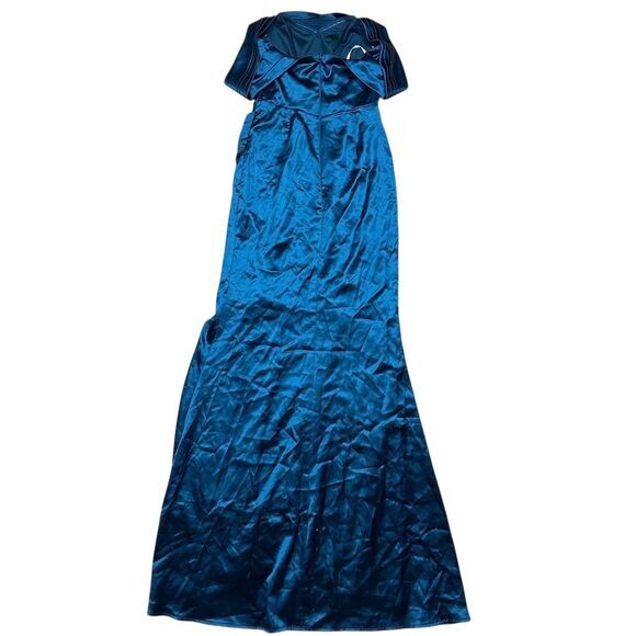 NWT Lulus Women's Stunning Arrival Teal Satin Off-The-Shoulder Maxi Dress XS - Picture 8 of 10